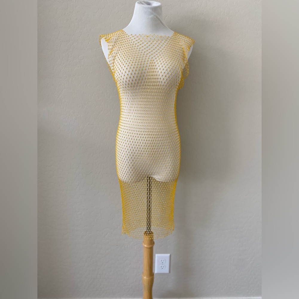 NWOT Yellow Mesh Fishnets Stretch Rhinestone Cover Ups